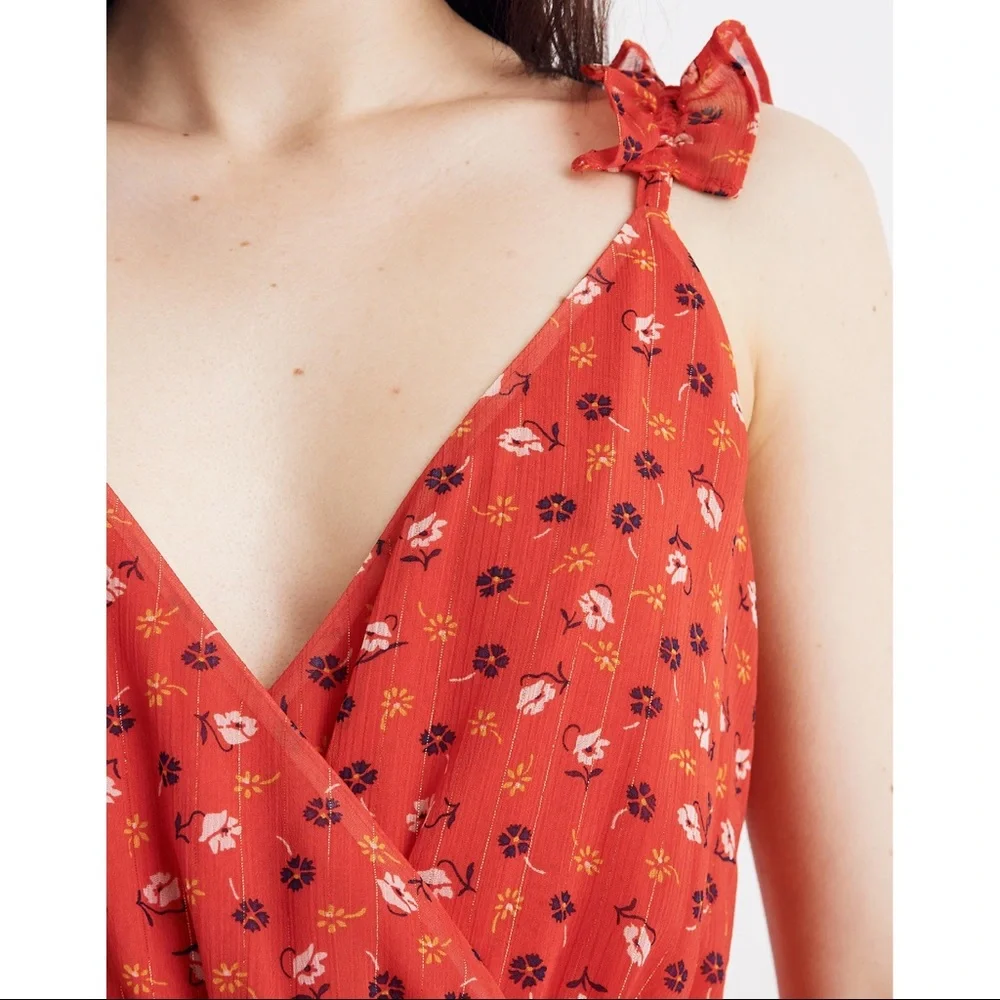 MADEWELL Ruffle-Strap Wrap Dress in Metallic-Striped Prairie Posies red - Picture 2 of 13